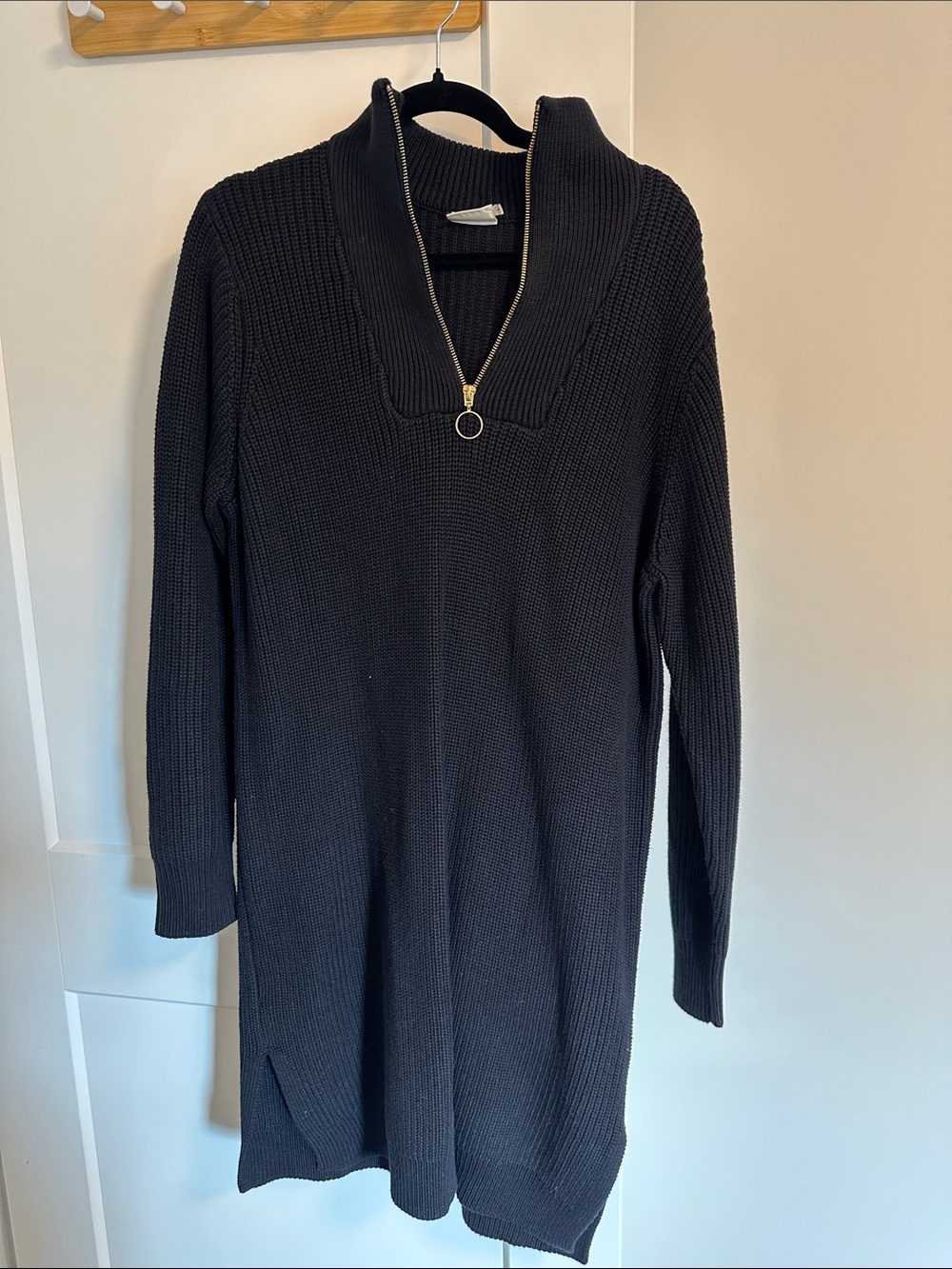 Kaffe Black Ribbed knit Zip-Neck Long Sleeve sweater Dress